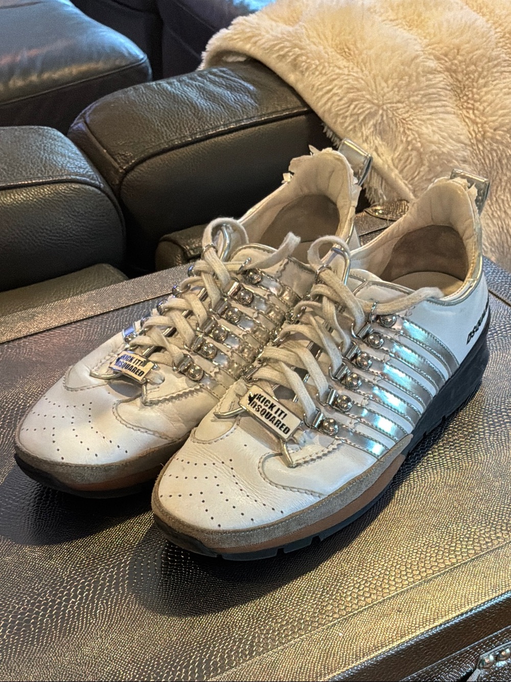 DSQUARED2 White and Silver Men’s Lace-Up Sneakers with Metallic Stripes